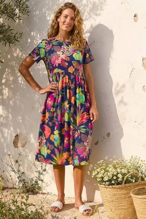 Navy Floral Print Smock Midi Dress | Roman UK