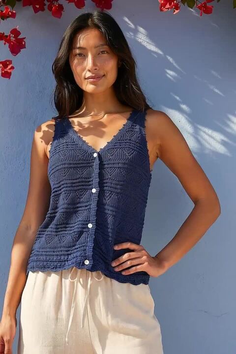 Navy Petite Button Knit Cami Top | Roman UK
