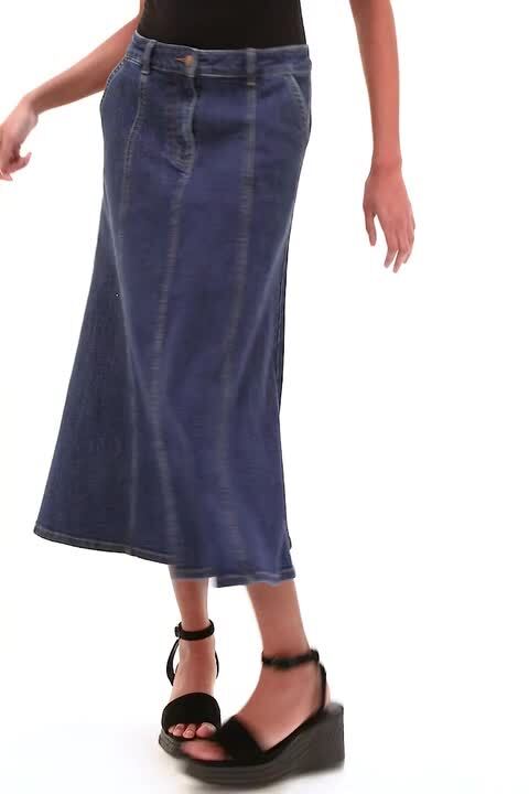 Indigo Cotton Denim Panelled Midi Skirt | Roman UK