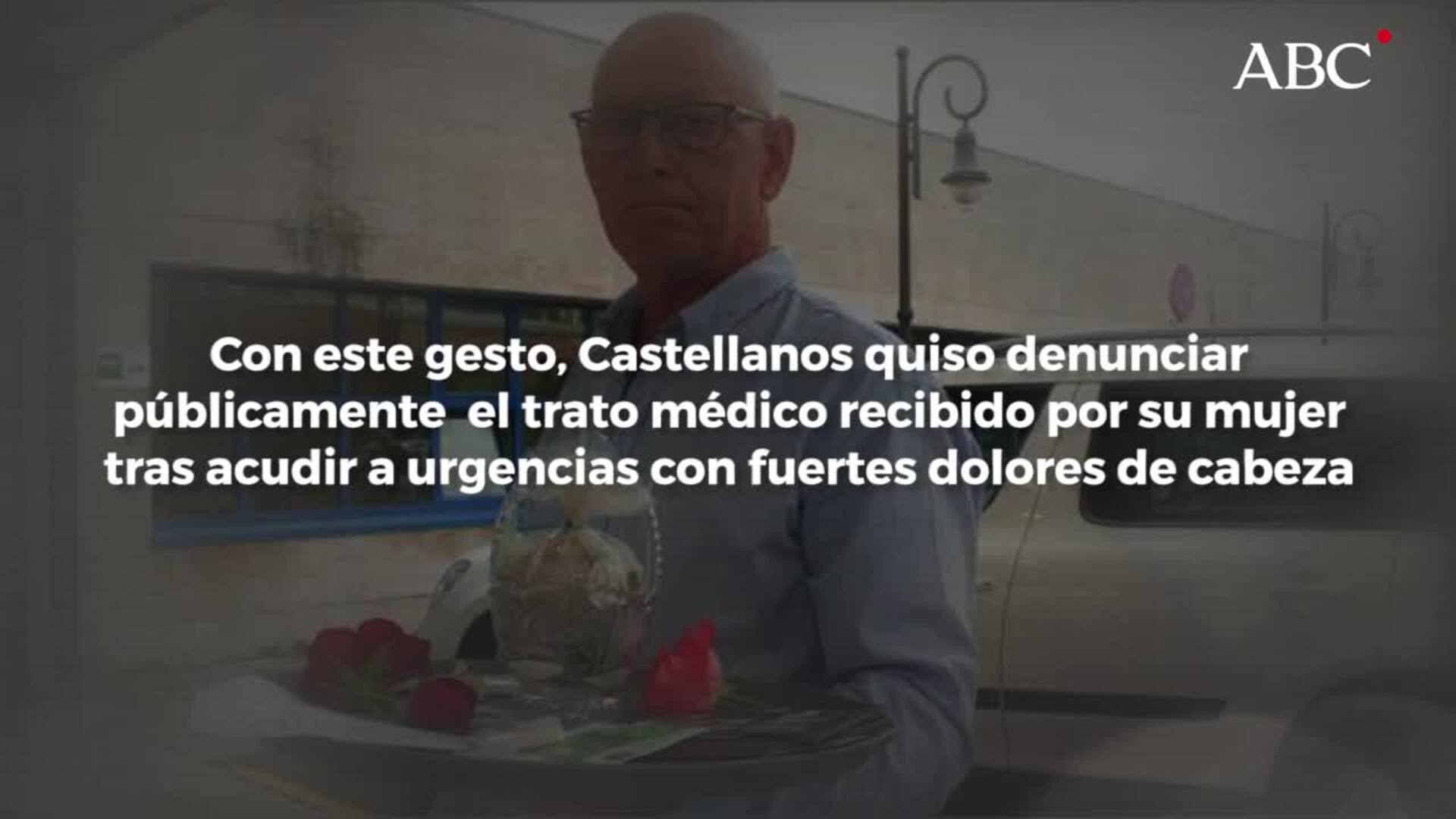 Germán Castellanos, con las cenizas de su esposa en una bandeja, a su llegada al centro de salud de Lugones