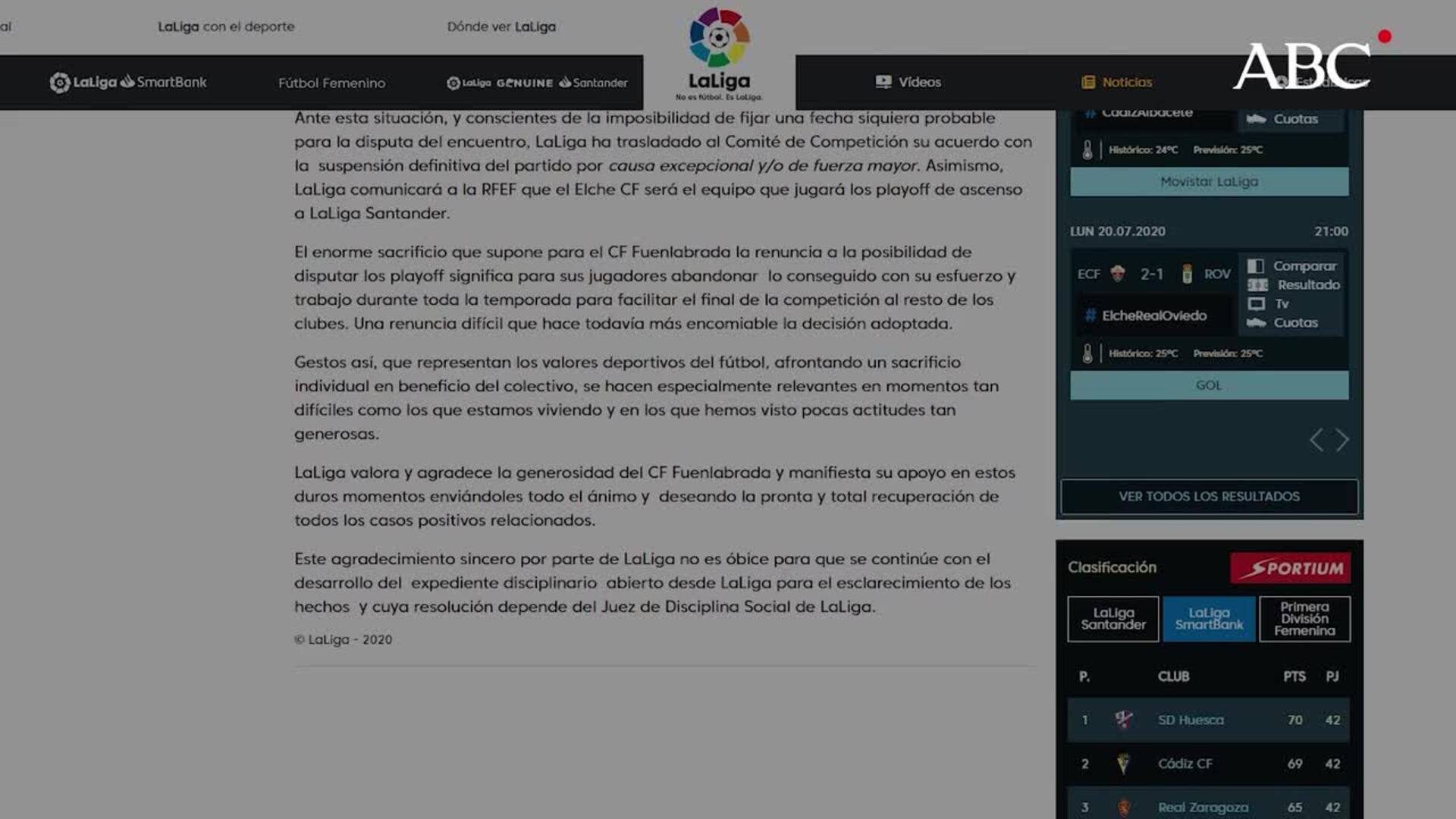 La Liga anuncia que se suspende «definitivamente» el Deportivo - Fuenlabrada