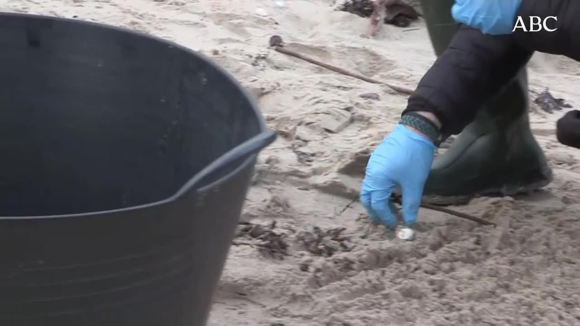 Dos mujeres limpian la playa de 'pellets'