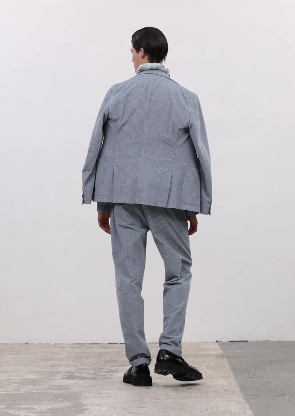 Denim-effect printed velvet trousers with elasticated waist