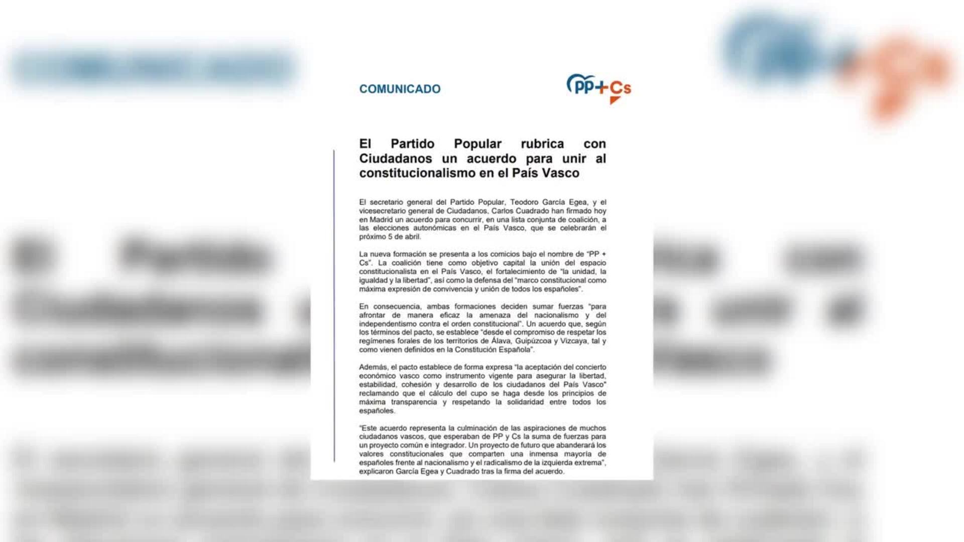 PP y Cs firman que el PP elija al candidato en Euskadi