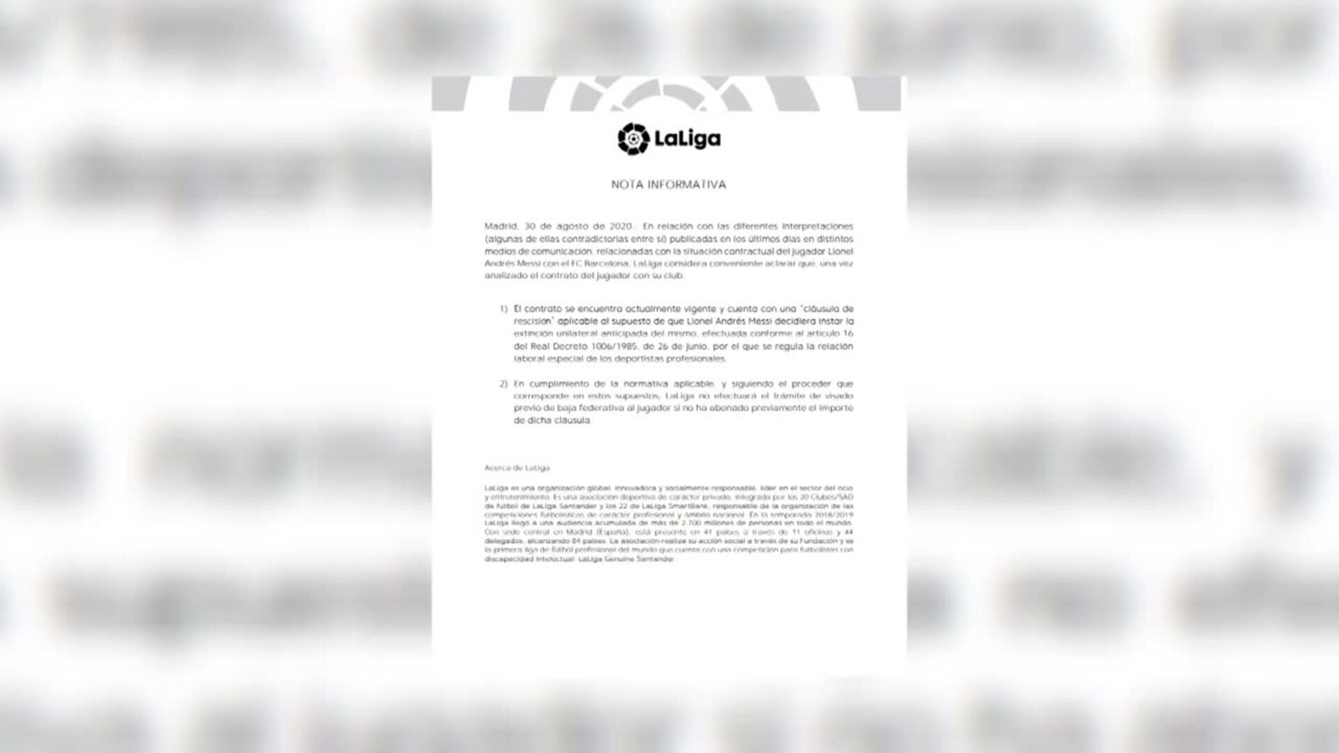 LaLiga se posiciona a favor del Barça y recalca que el contrato de Messi sigue &quot;vigente&quot;