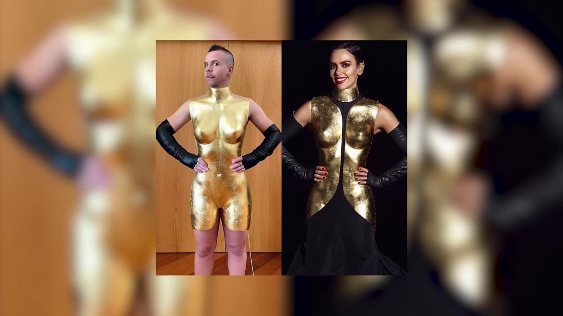 David Muñoz posa con el vestido de Cristina Pedroche de las Campanadas de 2019