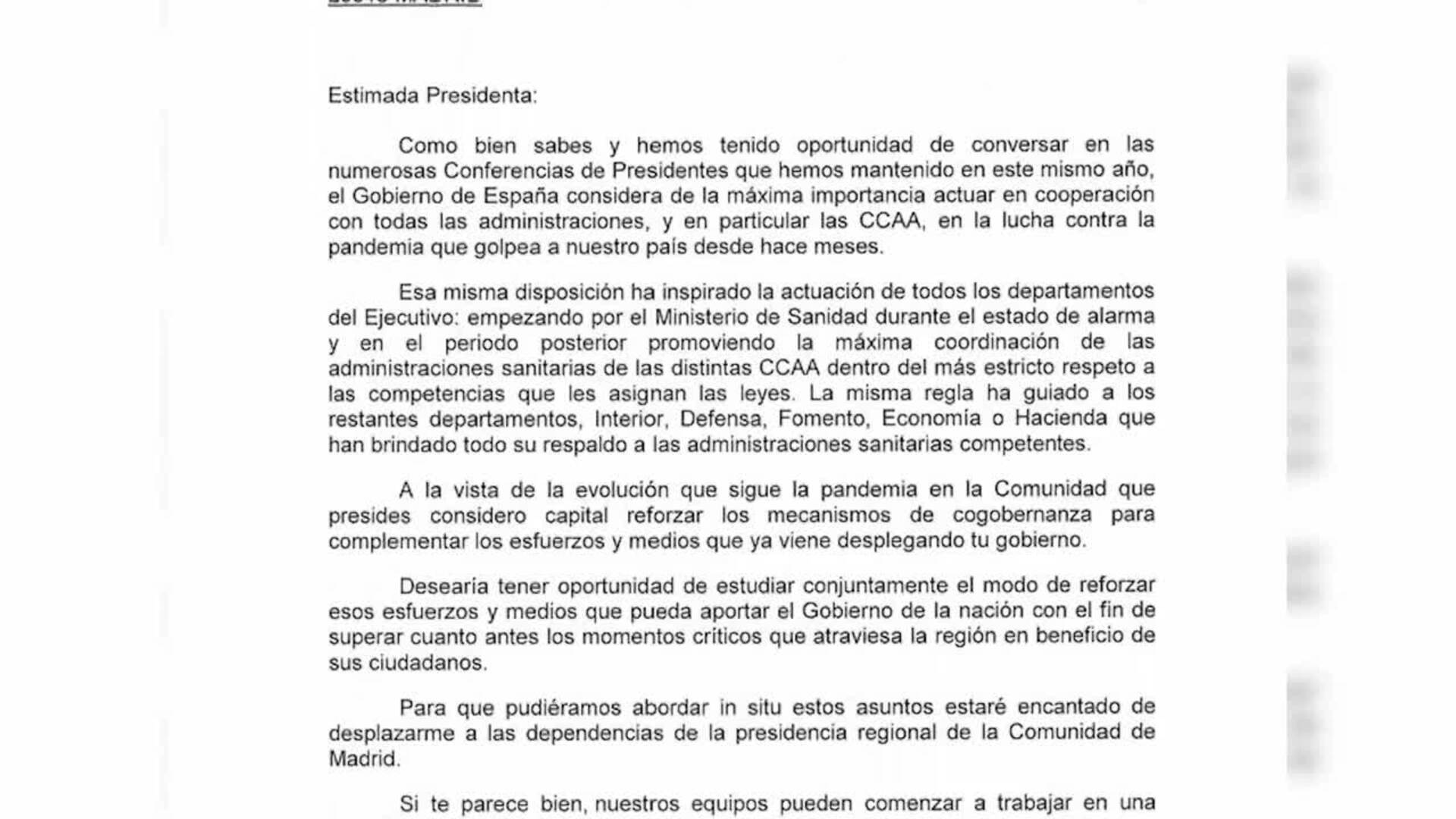Sánchez le pide una reunión a Ayuso para abordar el avance de la pandemia en Madrid