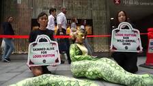 Activista caracterizada como una pitón protesta en Hong Kong contra el uso de piel de reptil por Louis Vuitton