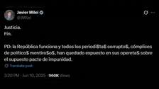 Milei celebra la condena en firme a prisión de Cristina Fernández: "Justicia"