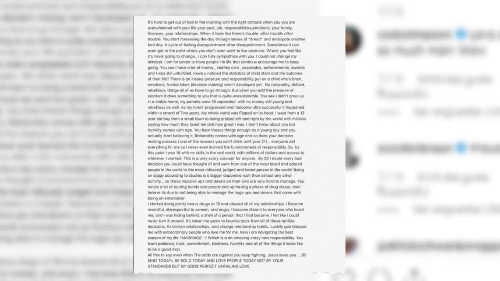 Justin Bieber abre su corazón en Instagram