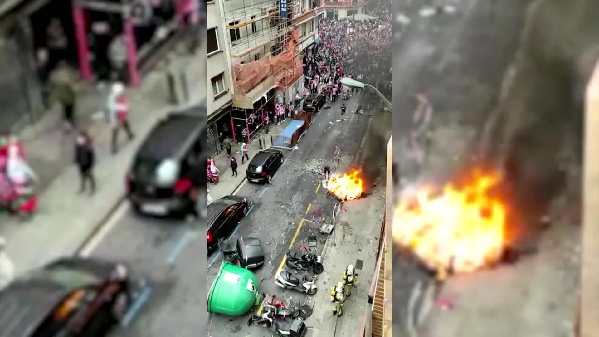 Hinchas del Athletic cruzan contenedores en Bilbao