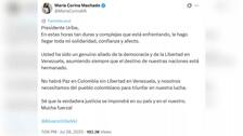 María Corina Machado se solidariza con Álvaro Uribe en "estas horas tan duras y complejas"