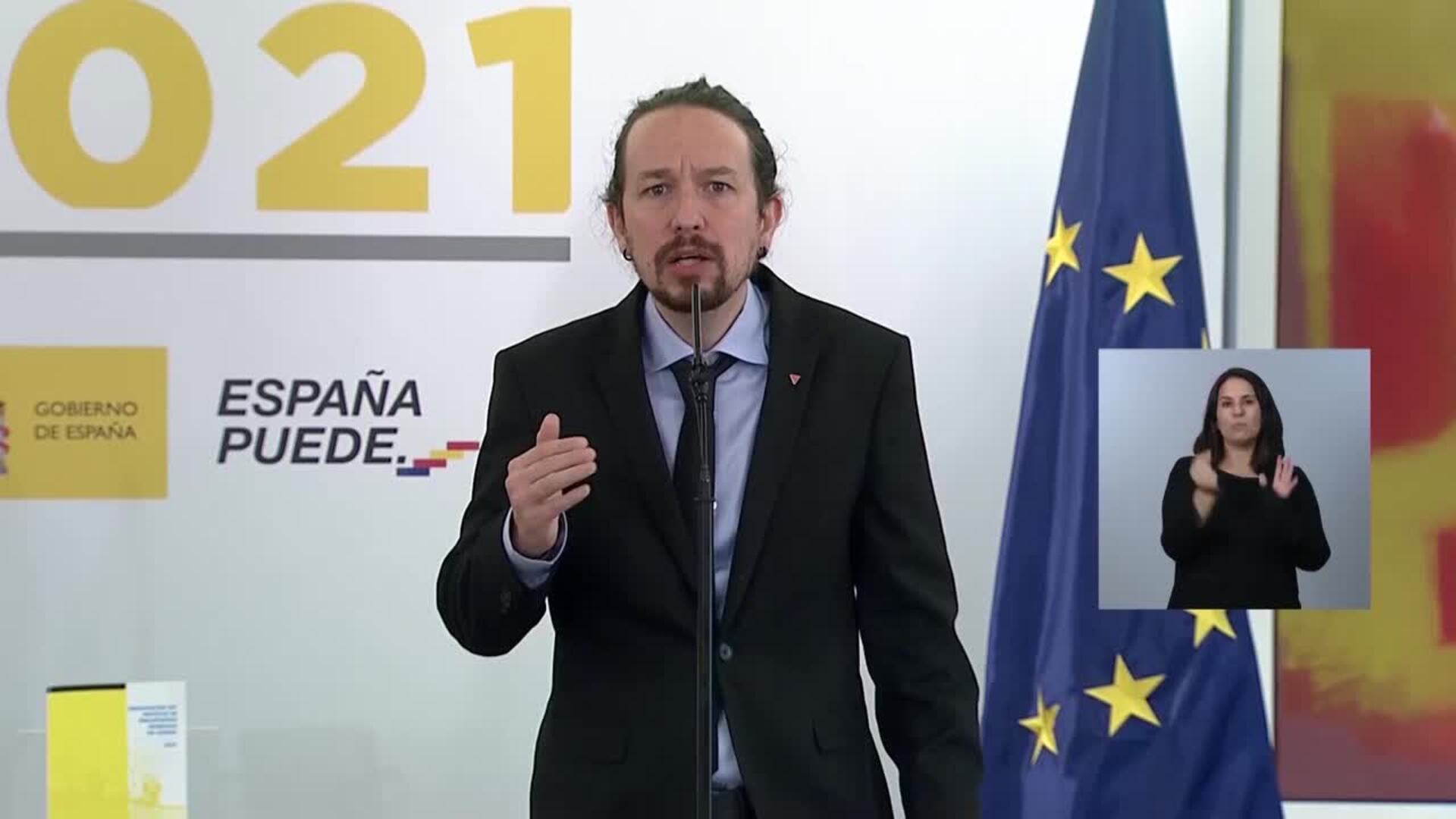 El presidente del Gobierno, Pedro Sánchez, y el vicepresidente segundo, Pablo Iglesias, presentan en Moncloa el acuerdo presupuestario para 2021