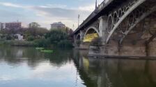 Greenpeace cuelga una enorme pancarta (de lunares) en el puente de Triana en Sevilla