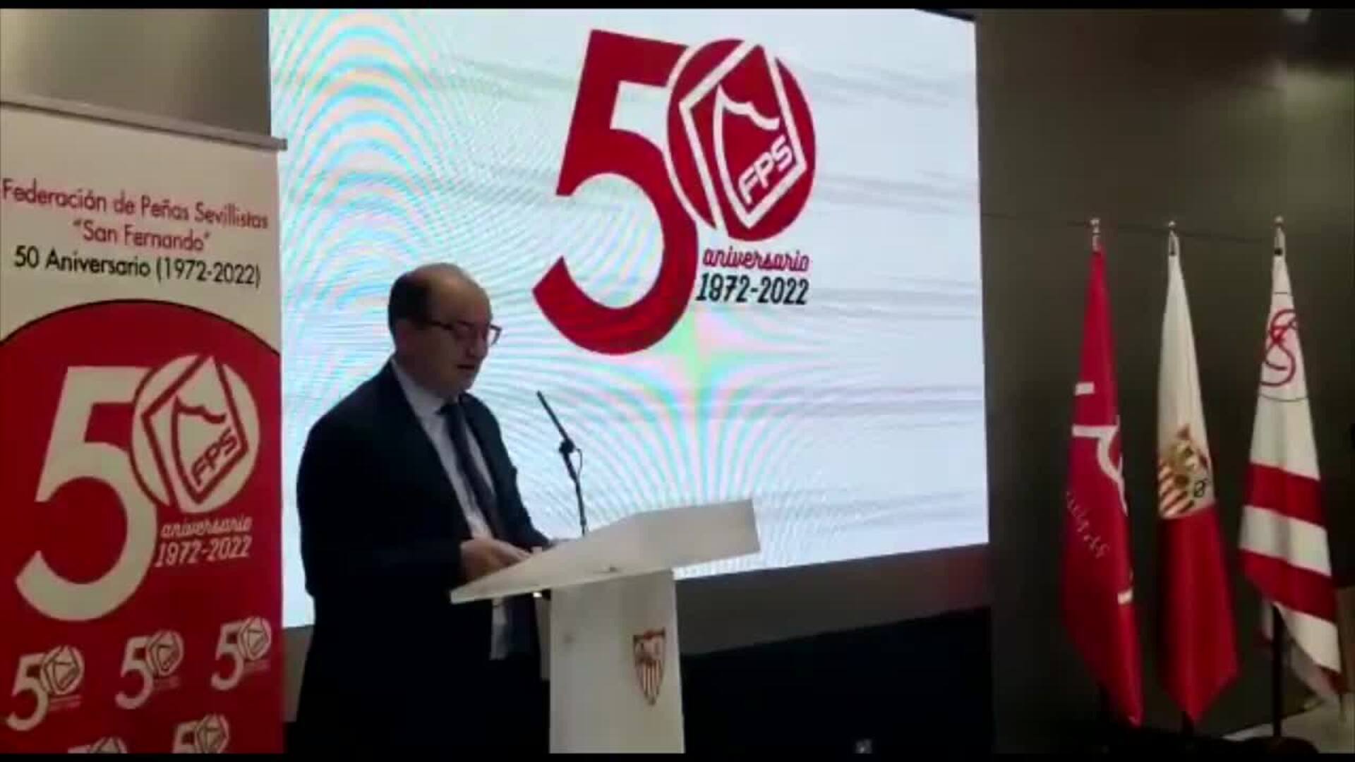 Discurso del presidente del Sevilla FC, José Castro, en el acto del 50 aniversario de la Federación de Peñas Sevillistas