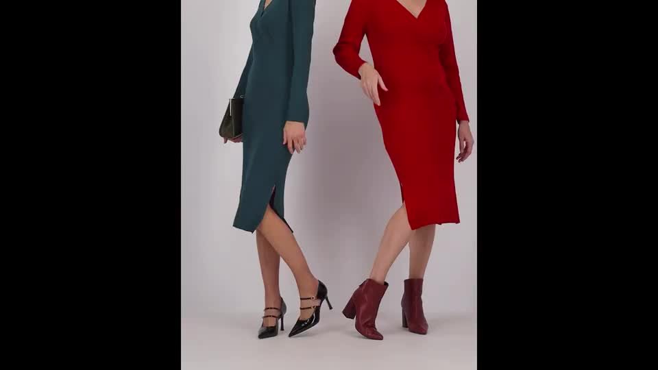 Abito midi in cotone con tasche e cintura – Maniche lunghe a maglia con scollo a barca - Italia