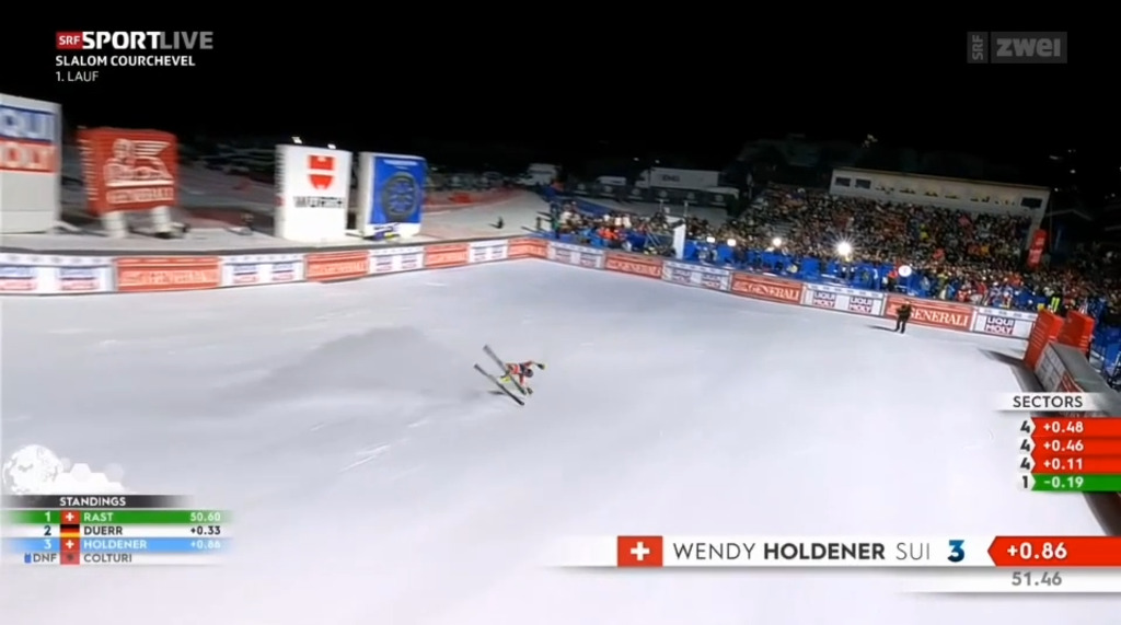 Holdener stürzt in Courchevel nach der Ziellinie