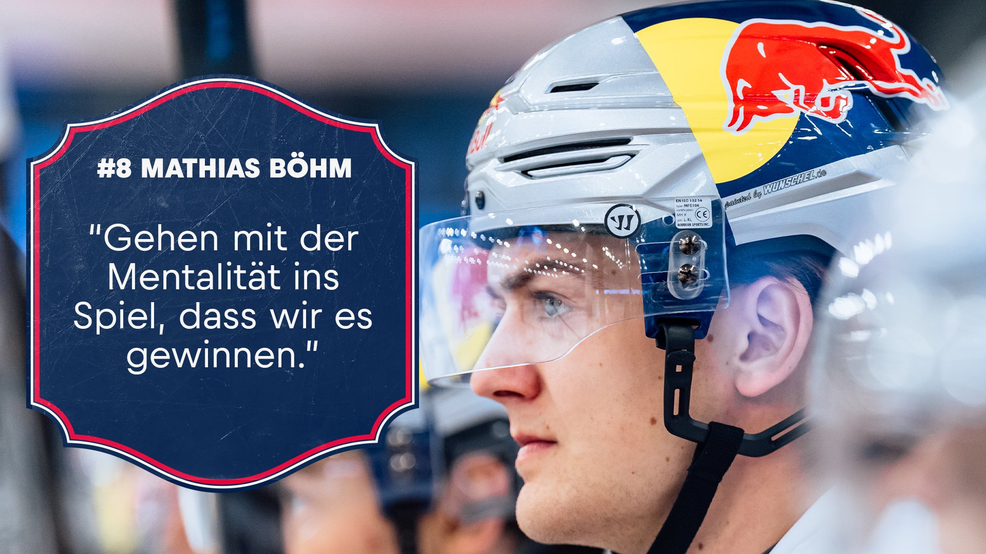 Mathias Böhm Eishockeyspieler mit Red Bull Helm und Zitat von ihm