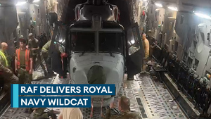 RAF Globemaster delivers Navy Wildcat helicopter