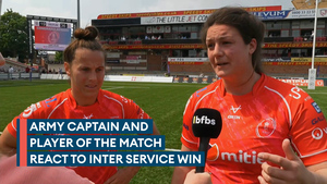 Jade Mullen and Sally Bellhouse reacts to Army women's Inter Service Rugby win