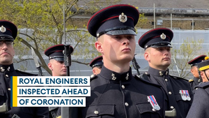 Royal Engineers wear new uniform bearing King's cypher as they undergo inspection