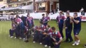 RAF Cricketers Celebrate T20 Win With Champagne Fight