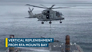 RFA Mounts Bay shows Merlin vertical replenishment battling North Atlantic conditions 