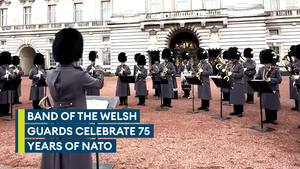 Nato at 75: Welsh Guards play the Nato Hymn outside Buckingham Palace