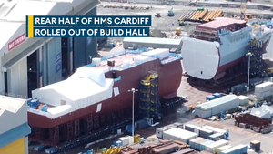 Rear section of Royal Navy's second Type 26 frigate HMS Cardiff rolled out of build hall