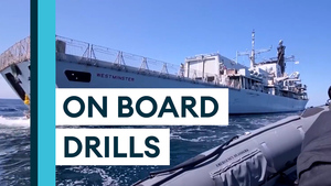 HMS Westminster crew practises drills en route to Armed Forces Day