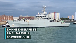 Former HMS Enterprise leaves Portsmouth for the final time