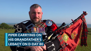 Scots Guardsman returns his grandfather's pipes to the Normandy beaches