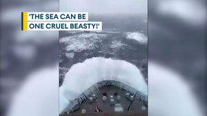 RFA Mounts Bay battles massive waves on passage to Exercise Joint Viking 23