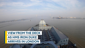 Timelapse of HMS Iron Duke arriving in London for DSEI