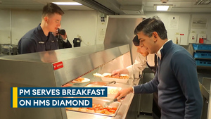 Sunak serves breakfast to Royal Navy sailors as he stays overnight on HMS Diamond