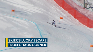 Navy Alpine skier breaks his skis at tricky part of Meribel course