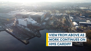 Aerial view of Royal Navy's HMS Cardiff under construction in Glasgow