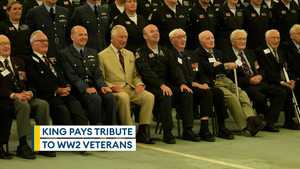 King meets WW2 veterans during visit to Battle of Britain Memorial Flight at RAF Coningsby
