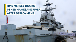 HMS Mersey docks in her namesake river after Baltic Sea deployment