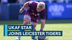 Ryan Crowley reacts after being awarded full-time Leicester Tigers contract