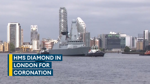 HMS Diamond arrives in London ahead of the Coronation