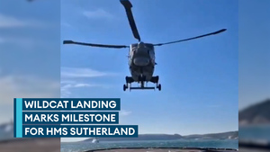 Royal Navy Wildcat lands on HMS Sutherland's new flight deck