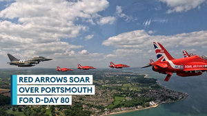Typhoon joins Red Arrows for Portsmouth flypast