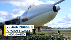 Vulcan Bomber overshoots runway nearly colliding with busy road
