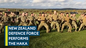 New Zealand Defence Forces personnel welcome Ben Wallace with the Haka