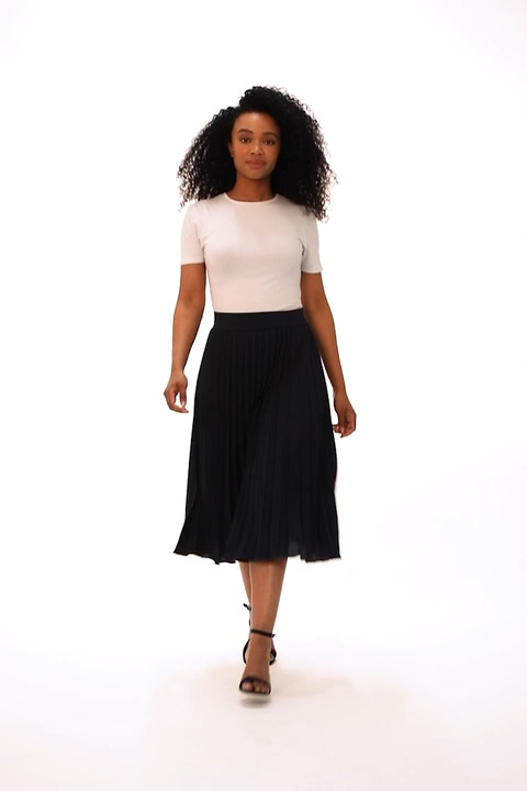 Navy Petite Pleated Stretch Midi Skirt