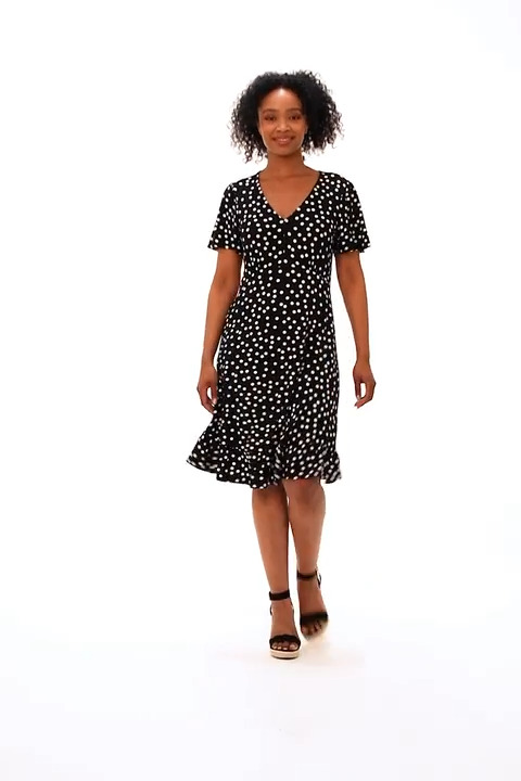 Black Petite Polka Dot Frill Hem Stretch Dress | Roman UK