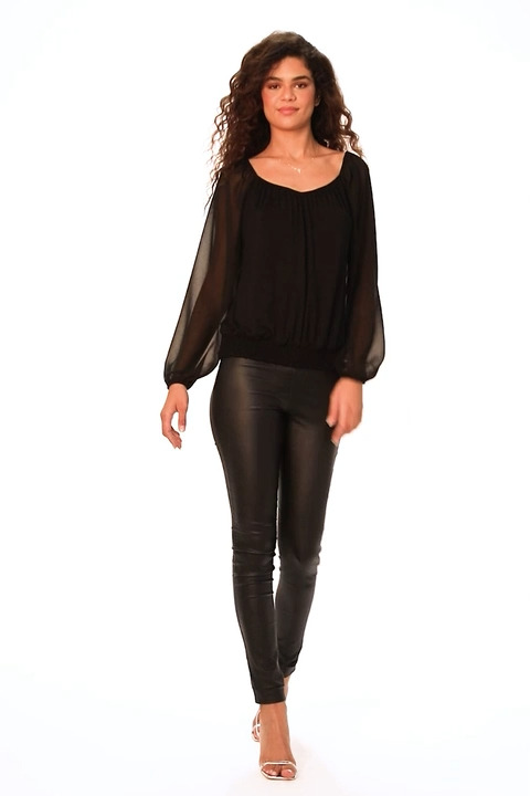 Black Chiffon Sleeve Bubble Hem Stretch Top