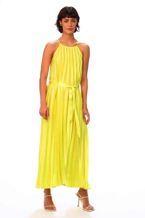 Lime Sleeveless Pleated Halter Neck Midi Dress