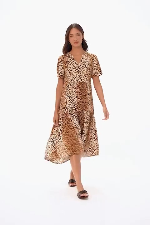 Green Leopard Print Shirred Tiered Hem Midi Dress